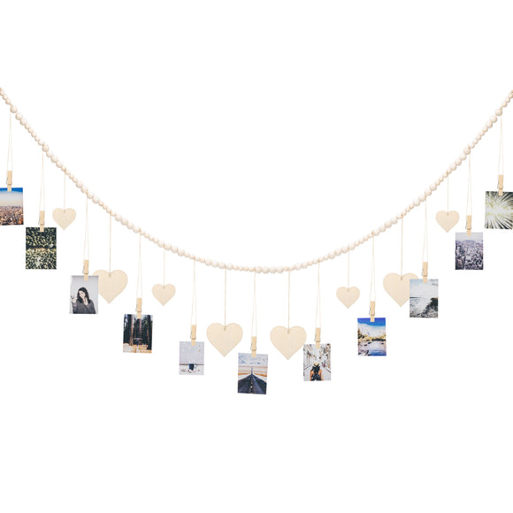 joycraft 5Ft Photo Banner with Clips, Photo Garland with Wooden Beads, Photo Clip String, Boho Photo Display for Bedroom, Office, Dorm, and Party Decor(11Pcs Clips + 6Pcs Wooden Heart Tags)