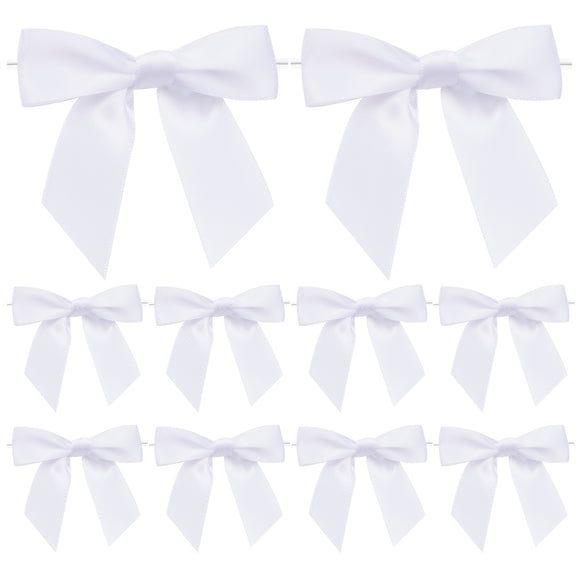 joycraft 50Pcs Twist Tie Bows, 3 Inches Satin Ribbon Twist Tie Bows, Holiday Gift Ribbon Bows, Small Satin Ribbon Bows for Birthday, Baby Shower, Wedding, Party Favor (White)