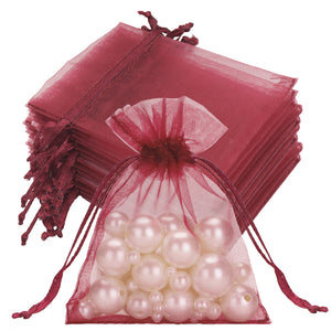 joycraft 50Pcs Burgundy Organza Bags – 2.7x3.5 In Sheer Holiday Mesh Pouch, Small Jewelry Organza Drawstring Pouch for Halloween, Christmas, DIY Craft, Party Favor