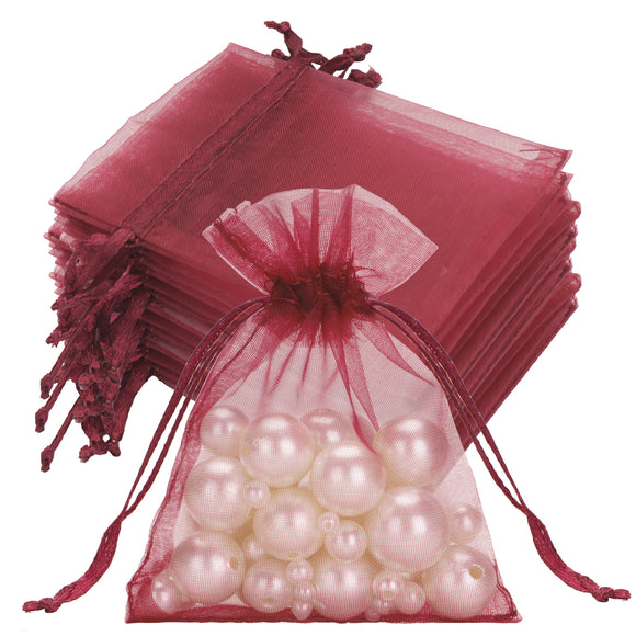 joycraft 50Pcs Burgundy Organza Bags – 2.7x3.5 In Sheer Holiday Mesh Pouch, Small Jewelry Organza Drawstring Pouch for Halloween, Christmas, DIY Craft, Party Favor
