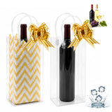 joycraft Wine Gift Bags with Handles, 4 Pcs Ice Wine Bags, Clear Plastic Gift Bags with Gold Pull Bows and Tissue Paper, Portable Wine Pouch Cooler, Reusable Packaging for Wedding Gifts Party Outdoor