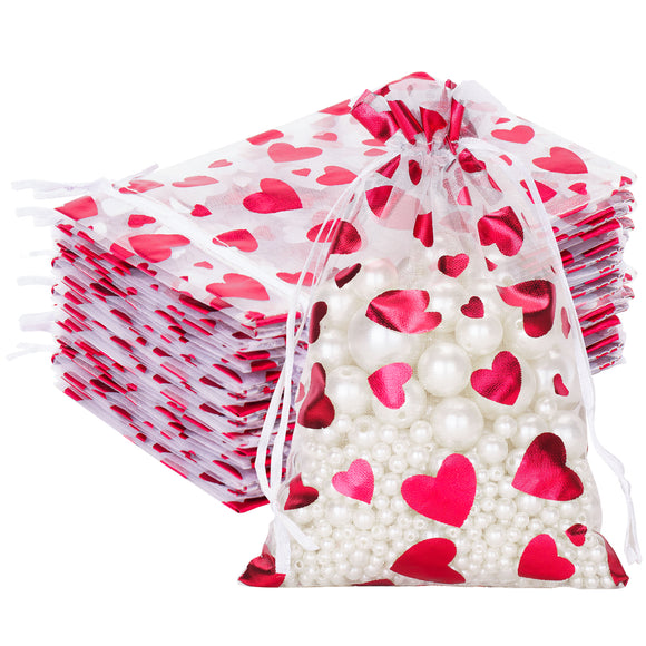 joycraft 50Pcs Valentine Organza Gift Bags, 4x6 Inch Red Heart Organza Bags with Drawstring, Mesh Jewelry Organza Pouches, Sheer Organza Bags, Small Goodie Bags for Valentines, Wedding, Anniversary