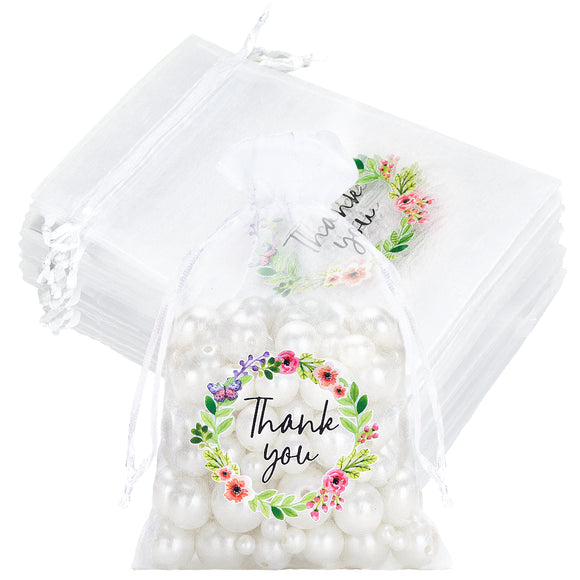 joycraft 4x6 In Thank You Organza Bags - 30Pcs White Mesh Gift Bags with Drawstring, Flower Organza Party Favor Pouch for Thanksgiving, Wedding, Birthday, Baby Shower