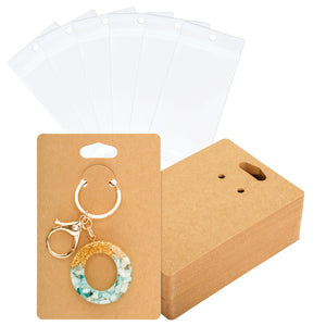 joycraft 100Pcs Keychain Display Cards with Self-Sealing Bags, 3x4.7 in Brown Paper Jewelry Cards Holder, Blank Jewelry Wrapper Card for Selling, Craft Fairs