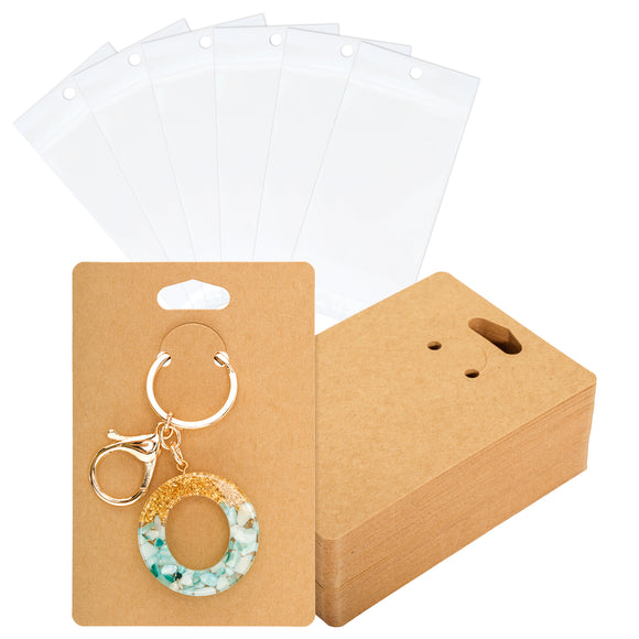 joycraft 100Pcs Keychain Display Cards with Self-Sealing Bags, 3x4.7 in Brown Paper Jewelry Cards Holder, Blank Jewelry Wrapper Card for Selling, Craft Fairs