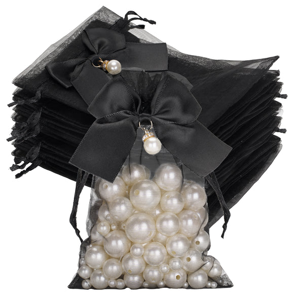 joycraft 4x6 In Organza Bags with Bow, 30Pcs Black Party Favor Bag, Jewelry Pouches with Drawstring, Sheer Mesh Drawstring Bags for Jewelry, Makeup, Candy, Desserts