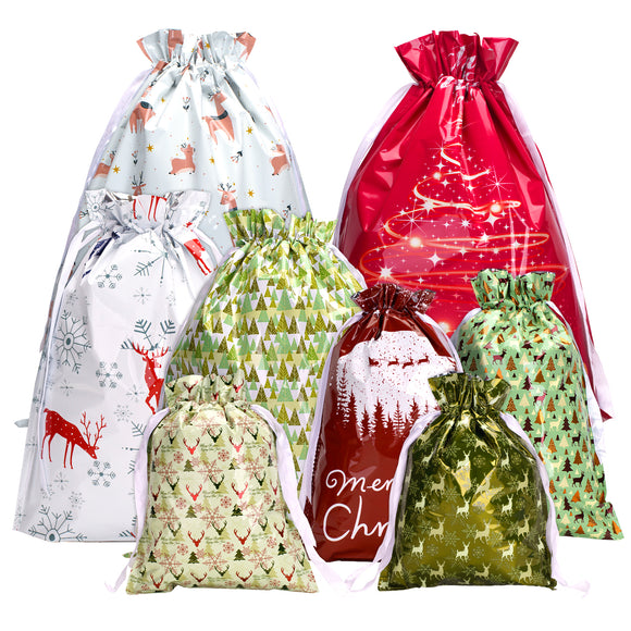 joycraft 20pcs Christmas Drawstring Gift Bags - Assorted Sizes Foil Holiday Gift Wrapping Pouches, 8 Style Santa Party Favor Bags for Toys, Dolls, Candy, DIY Craft