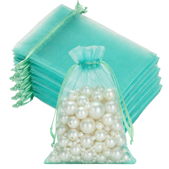 joycraft 50Pcs Aqua Blue Organza Bags - 4x6 In Jewelry Drawstring Mesh Pouch, Sheer Holiday Gift Bags for DIY Craft, Christmas Gift, Jewelry Packaging, Wedding Favor