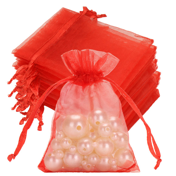 joycraft 50Pcs Hot Red Organza Bags - 2.7x3.5 In Sheer Holiday Drawstring Mesh Pouch, Small Party Favor Bags for Halloween, Christmas, Small Business, Jewelry Diaplay