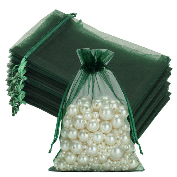 joycraft 50Pcs Dark Green Organza Bags - 4x6 In Party Favor Drawstring Mesh Pouch, Sheer Organza Jewelry Bags for DIY Craft, Christmas Gift, Small Business, Wedding Favor