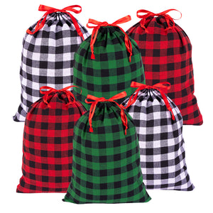 joycraft 6Pcs Christmas Drawstring Gift Bags, 3 Styles Buffalo Plaid Christmas Bags,  Cotton Cloth Christmas Wrapping Sacks, Christmas Cloth Pouches for Gift Box, Doll, Toy, Large Xmas Presents