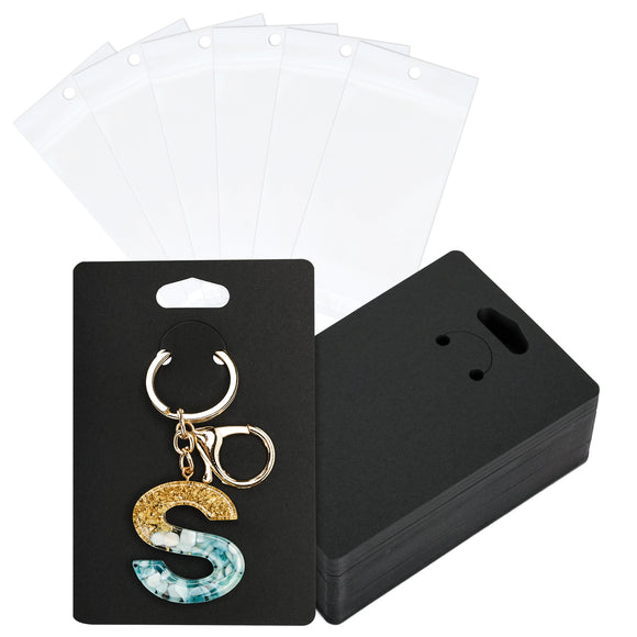 joycraft 100Pcs Keychain Display Cards with Self-Sealing Bags, 3x4.7 in Black Paper Jewelry Cards Holder, Blank Jewelry Wrapper Card for Selling, Craft Fairs