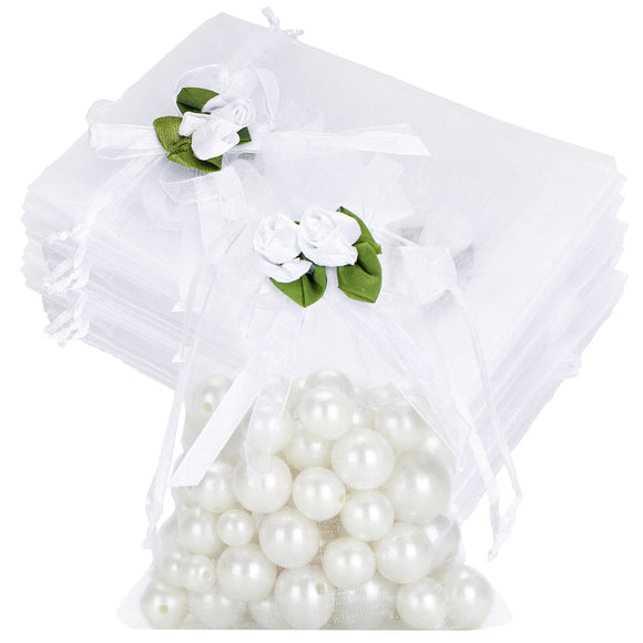 joycraft 4x6 In Organza Bags with Rose, 30Pcs White Wedding Party Favor Bag, Jewelry Pouches with Drawstring, Sheer Mesh Drawstring Bags for Jewelry, Makeup, Candy, Desserts