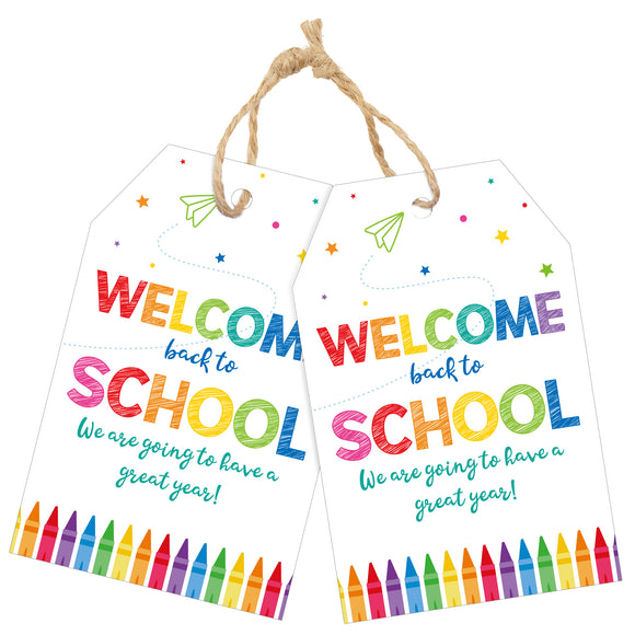 joycraft 50Pcs Welcome Back to School Gift Tags, 3.3x2.1In First Day of School Tags with String, Party Favors Present Labels for DIY Craft, Candy Bags, Cookie Pouch