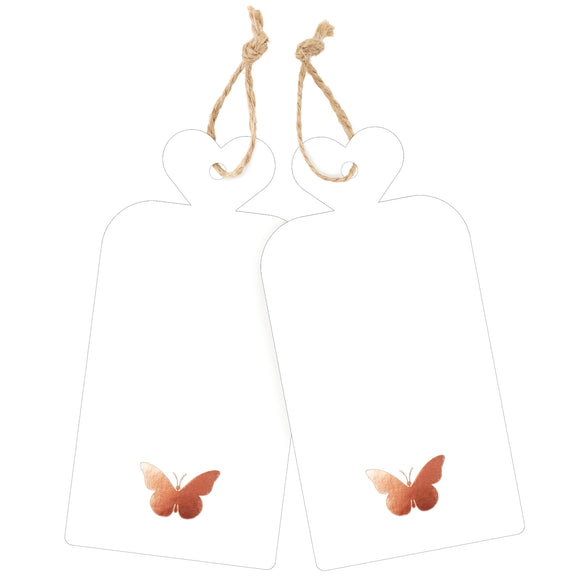 joycraft 100Pcs Gift Tags with String, 4x2 in Blank Tags with Rose Gold Foil Butterfly, White Paper Labels for Birthday, Wedding, Baby Shower, Christmas