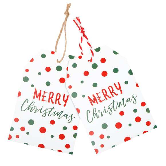 joycraft 100Pcs Merry Christmas Tags, 3.3x2.1 Inch Christmas Gift Tags with String, Red and Green Dot Paper Tags, Christmas Name Tags, Winter Holiday Tags for Xmas Party, Gift Wrap, DIY Crafts