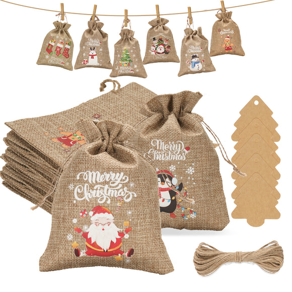 joycraft 24Pcs Christmas Drawstrings Gift Bags, 4x6 Burlap Gift Bag, Xmas Candy Party Favor Bags, 8 Designs of Merry Christmas Gift Bags with Tags, Holiday Gift Wrapping Bag for Christmas Party Supply