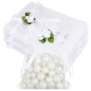 joycraft 4x6 In Organza Bags with Rose, 30Pcs White Wedding Party Favor Bag, Jewelry Pouches with Drawstring, Sheer Mesh Drawstring Bags for Jewelry, Makeup, Candy, Desserts