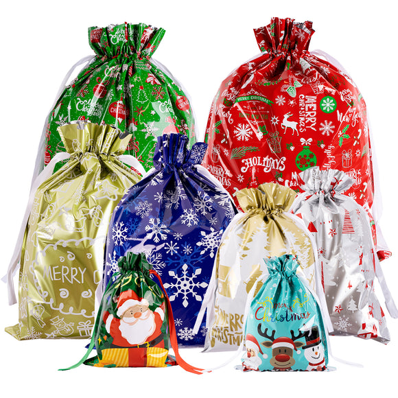 joycraft Holiday Drawstring Gift Bags，20Pcs Christmas Foil Bags, Assorted Sizes Christmas Gift Bags with Drawstring, Christmas Plastic Bags for Gift Wrapping, Toys, Dolls, Party Favors