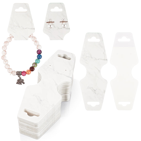 joycraft 100Pcs Bracelet Display Cards - 4.7x1.7 in Marble White Paper Self‑Adhesive Jewelry Display Cards, Foldable Necklace & Earring Card with Hole for Small Business, Exhibition, Supplies