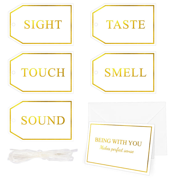 joycraft 5 Sence Gift Tags Set for Him or Her - Couple Surprise Gift Packaging, White Gold Foil Romantic Five Senses Valentine’s Day Anniversary Tags with Ribbon & Card & Envelope