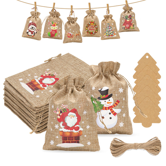 joycraft 24pcs Christmas Drawstrings Gift Bags, 4x6 Burlap Gift Bag, Xmas Candy Party Favor Bags, 8 Designs of Christmas Cartoon Gift Bags with Tags, Holiday Gift Wrapping Bag for Christmas Party Supply