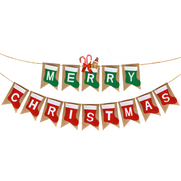 joycraft Merry Christmas Banner Burlap, Christmas Wall Banner, Vintage Christmas Banner, Christmas Fireplace Banner, Sock Shaped Christmas Bunting, Christmas Hanging Banner for Xmas, Home, Class