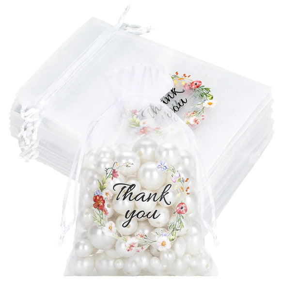 joycraft 4x6 In Thank You Organza Bags - 30Pcs Floral Drawstring Mesh Gift Bags, White Organza Party Favor Pouch for Wedding, Birthday, Baby Shower, Thanksgiving