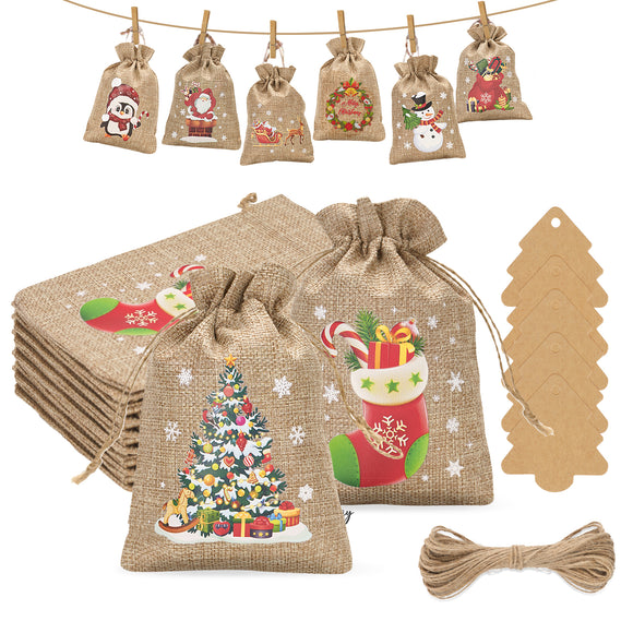 joycraft 24pcs Christmas Drawstrings Gift Bags, 5x7 Burlap Gift Bag, Xmas Candy Party Favor Bags, 8 Designs of Christmas Cartoon Gift Bags with Tags, Holiday Gift Wrapping Bag for Christmas Party Supply