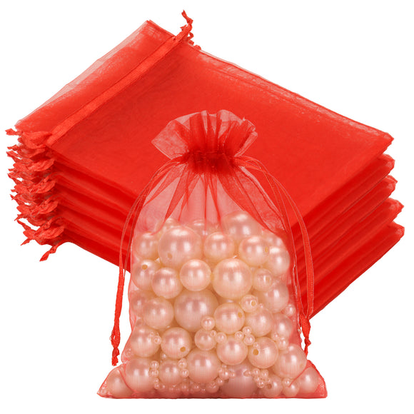 joycraft 50Pcs Hot Red Organza Bags - 4x6 In Drawstring Holiday Mesh Pouch, Sheer Organza Party Favor Bags for Christmas Gift, Halloween, Small Business, DIY Craft