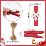 joycraft 50pcs Christmas Clips, 1.4 Inch Snowflake Photo Clips, Red Wooden Clothespins with String, Mini Wooden Pegs Decorative Clothespins for Christmas Hanging Photos and Party Decorations