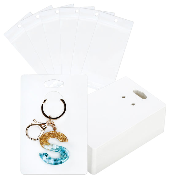 joycraft 100Pcs Keychain Display Cards with Self-Sealing Bags, 3x4.7 in White Paper Jewelry Cards Holder, Blank Jewelry Wrapper Card for Selling, Craft Fairs