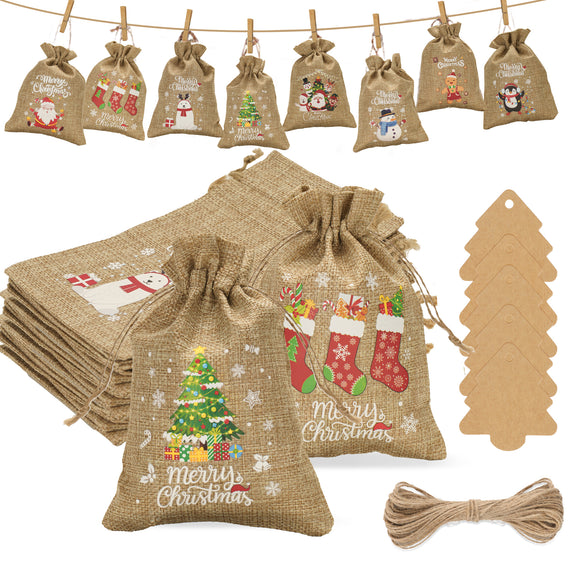 joycraft 24pcs Christmas Drawstrings Gift Bags, 5x7 Burlap Gift Bag, Xmas Candy Party Favor Bags, 8 Designs of Merry Christmas Gift Bags with Tags, Holiday Gift Wrapping Bag for Christmas Party Supply