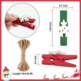 joycraft 50pcs Christmas Clips, 1.4 Inch Snowflake Photo Clips, Red and Green Wooden Clothespins with String, Mini Wooden Pegs Decorative Clothespins for Christmas Hanging Photos and Party Decoration