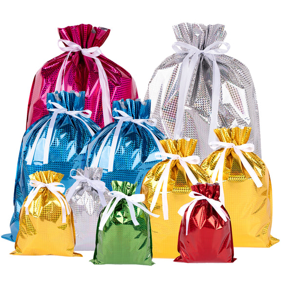 joycraft Holiday Drawstring Gift Bags，20Pcs Christmas Foil Bags, Assorted Sizes Christmas Gift Bags with Drawstring, Solid Color Christmas Plastic Bags for Gift Wrapping, Toys, Dolls, Party Favors