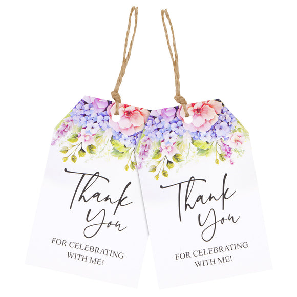 joycraft 100Pcs Thank You Gift Tags with String, 2x3.3 inch Thank You for Celebrating with Me Tags, Floral Paper Hangtags, Large Thank You Tags for Baby Shower Birthday Wedding DIY Gift Party Favor