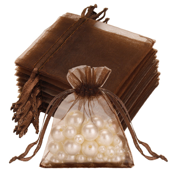 joycraft 50Pcs Coffee Brown Organza Bags – 2.7x3.5 In Holiday Sheer Drawstring Pouch, Small Jewelry Organza bags for Wedding Favor, DIY Craft, Christmas, Thanksgiving