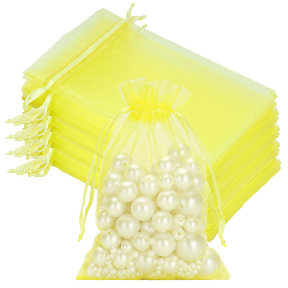 joycraft 50Pcs Lemon Yellow Organza Bags - 4x6 In Jewelry Drawstring Mesh Pouch, Sheer Organza Gift Wrapping Bags for Birthday, Baby Shower, Wedding, Graduation