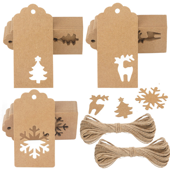 joycraft 150Pcs Christmas Gift Tags with String, Brown Blank Christmas Hanging Labels, Hollow-Out Christmas Paper Tags, Personalized Christmas Tags for Gift Wrap, Bags, Cards(Snowflakes, Trees, Fawn)