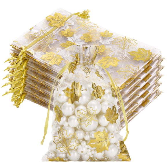 joycraft 4x6 In Maple Leaf Organza Bags - 50Pcs White Fall Organza Party Favor Bags, Small Mesh Drawstring Gift Pouch for Halloween, Thanksgiving, Wedding, DIY Carft