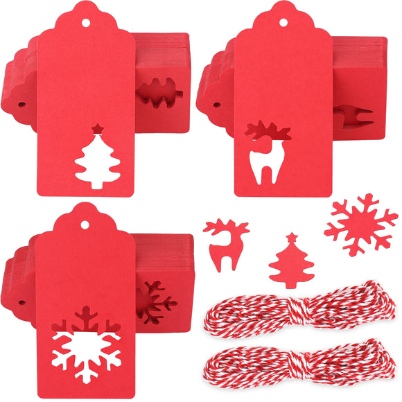 joycraft 150Pcs Christmas Gift Tags with String, Red Blank Christmas Hanging Labels, Hollow-Out Christmas Paper Tags, Personalized Christmas Tags for Gift Wrap, Bags, Cards(Snowflakes, Trees, Fawn)