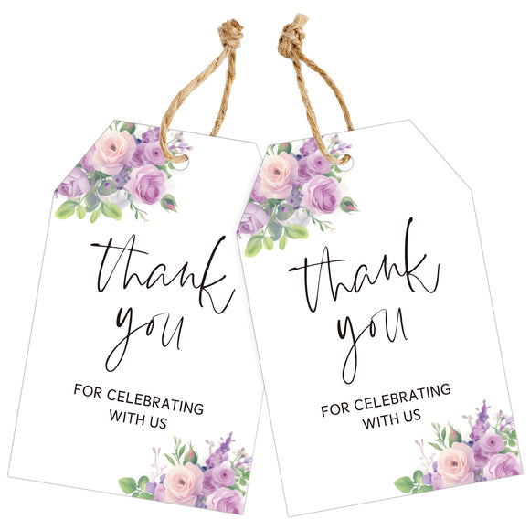 joycraft 50Pcs Thank You Tags with String, 3.3x2.1 In Purple Floral  Gift Wrap Tags, White Paper Party Favor Labels, Thank You for Celebrating with Us Hangtags for Wedding, Baby Shower, Christmas