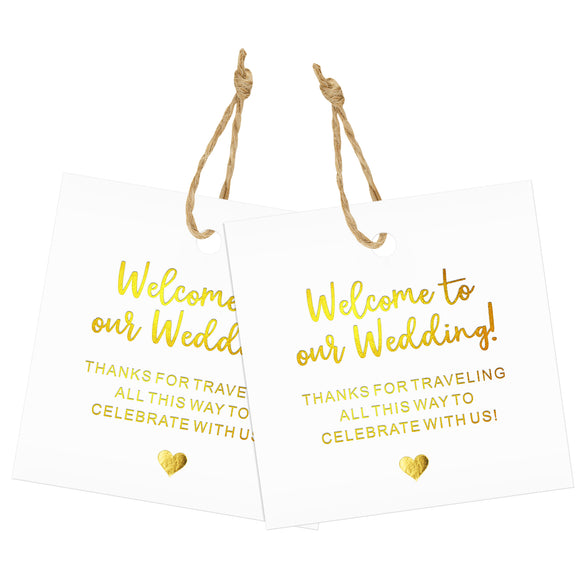 joycraft Wedding Thank You Tags with String, 50Pcs Gold Foil Paper Party Favor Labels, 3.3x2.1 in Thank You Gift Tags, Welcome to Our Wedding Hangtags for Party Decor, Gift Wrapping, DIY Craft