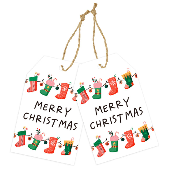 joycraft 50Pcs Merry Christmas Gift Tags with String, 3.3x2.1 Inch Christmas Name Tags, Winter Holiday Tags, Christmas Stock Kraft Paper Tags, Christmas Tree Tags for Xmas Party, Gift Wrap, DIY Crafts