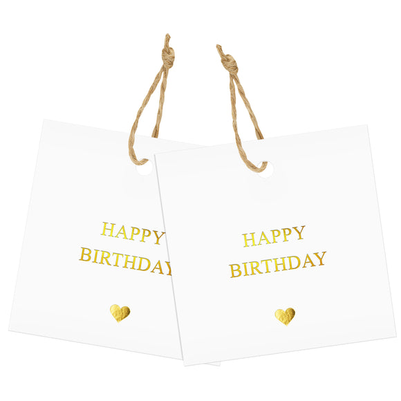 joycraft Happy Birthday Gift Tags, 50Pcs Gold Foil Square Gift Tags with String, 2.5 in Birthday Paper Hangtags for Party Favor, Package, DIY Craft