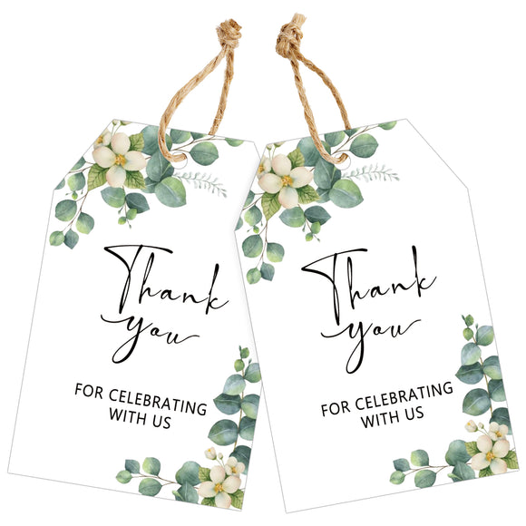 joycraft 50Pcs Thank You Tags with String, 3.3x2.1 In Greenery Leaves Gift Wrap Tags, White Paper Party Favor Labels, Thank You for Celebrating with Us Hangtags for Wedding, Baby Shower, Christmas