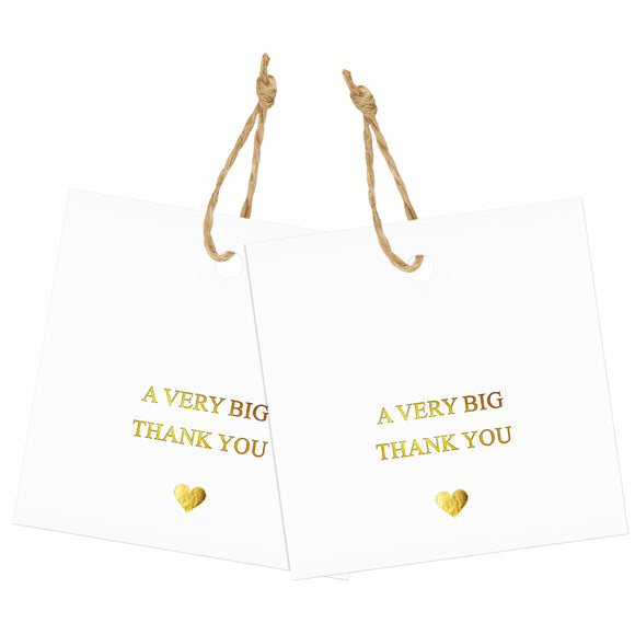 joycraft A Very Big Thank You Gift Tags, 50Pcs Gold Foil Thank You Tags with String, 3.3x2.1 in Paper Gift Labels, White Party Favor Hangtags for Birthday, Wedding, Thankgiving, Baby Shower