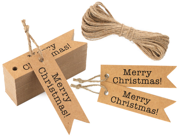 joycraft 100Pcs Merry Christmas Gift Tags, 2.75x0.75 inch Christmas Kraft Paper Tags with String, Brown Christmas Holiday Tags, Small Xmas Name Tags for Gift Wrapping, DIY Crafts, Bottles