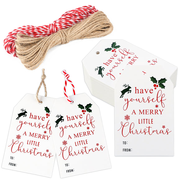 joycraft 100Pcs Christmas Gift Tags with String, 3.3x2.1 Inch Christmas Name Tags, Have Yourself a Merry Little Christmas Tags, Winter Holiday Tags for Xmas Party, Party Favors, DIY Crafts