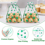 joycraft 4x6In St. Patrick's Day Organza Bags - 50Pcs Foil Green Clover Drawstring Gift Bag, Small Organza Favor Bags for St. Patrick, Party, Birthday, Irish Holidays